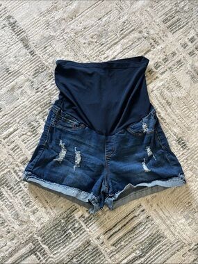 Navy Maternity Denim Shorts with Distressed Hem
